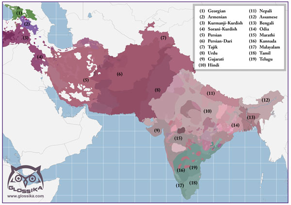 The Indo-Iranian language branch of Indo-European, including Kurmanji Kurdish, Sorani Kurdish, Armenian is only loosely related), Persian/Dari/Tajiki, Punjabi, Hindi, Urdu, Gujarati, Marathi, Nepali, Bengali, Assamese. Notice how Georgian and the Dravidian languages in southern India are completely different colours — because they don't belong to the family