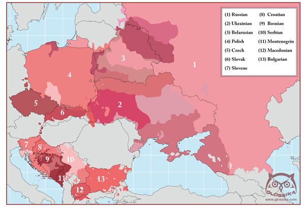 The Slavic language branch of Indo-European, including Russian, Belarusian, Ukrainian, Rusyn, Polish, Kashubian, Sorbian, Czech, Slovak, Slovene, Croatian, Serbian, Bosnian, Montenegrin, Macedonian, Bulgarian